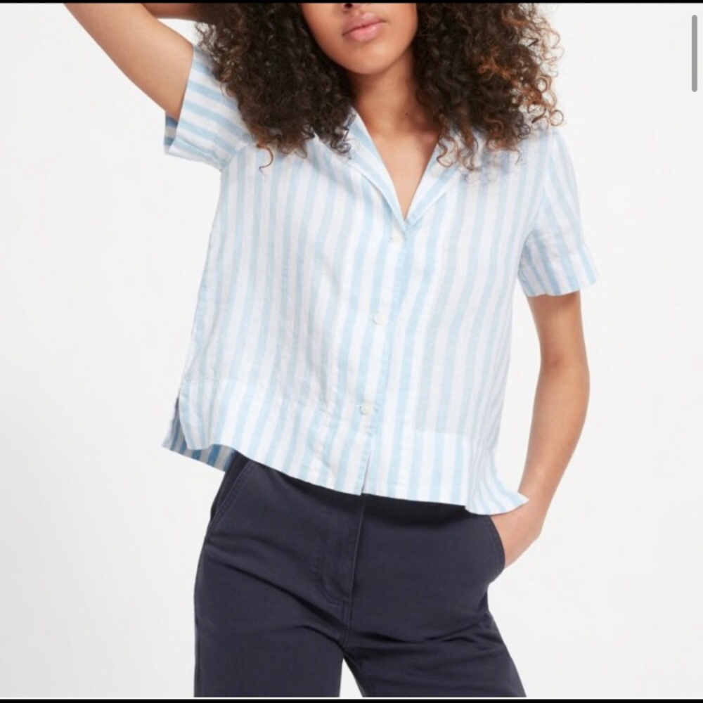 Everlane • Blue White Linen Short Sleeve Blouse